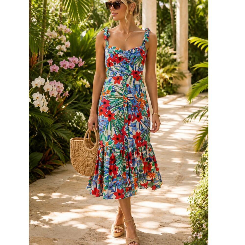 Cara Cara Belvedere Bahamian Garden Floral Cotton Tie Strap Midi Dress Size 2